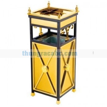 Thùng rác inox mạ vàng có gạt tàn thuốc lá hình vuông